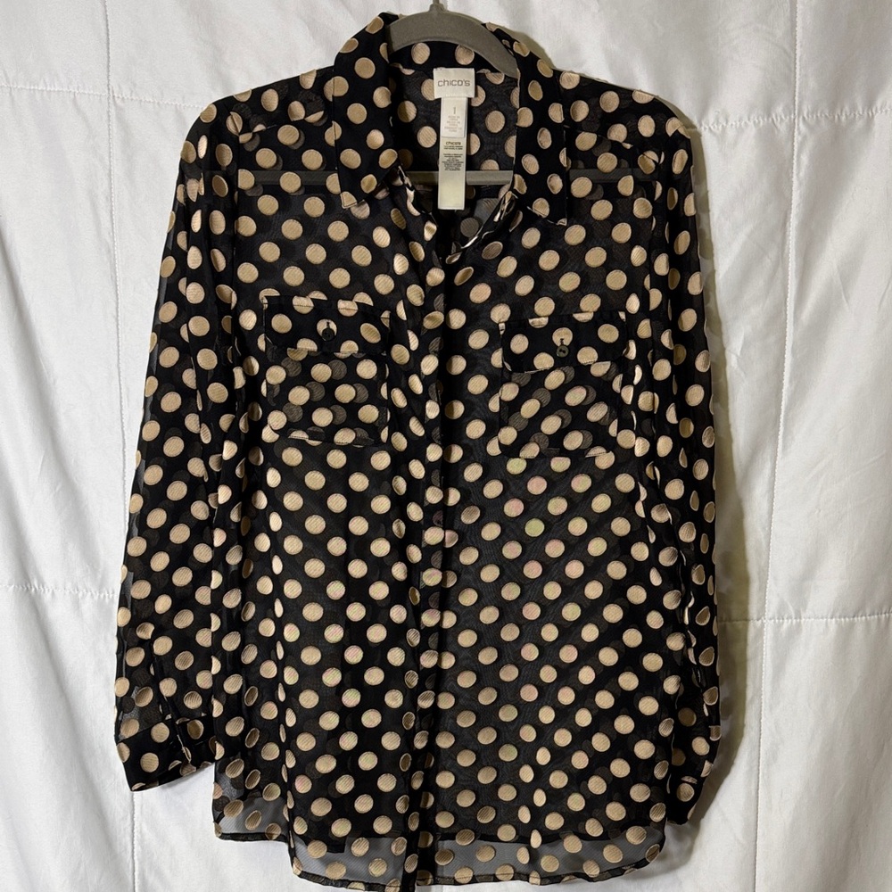Chico’s Polka Dot Sheer Button Front Blouse Black Tan‎ Size 1 (med)